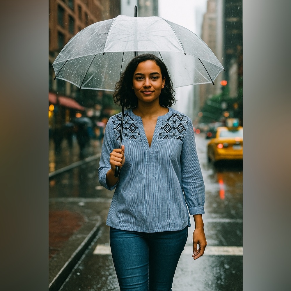 VILAGALLO | Navy and White Striped Blouse with Cross Stitch Embroidered Shoulder